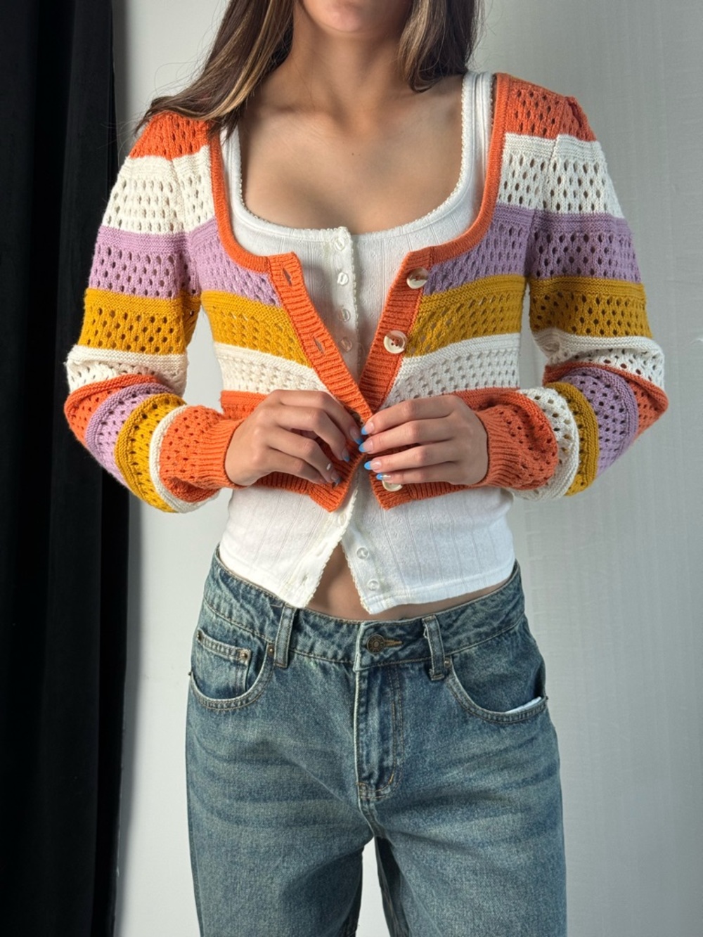 Open-Knit Cropped Stripe Cardigan - Orange, Purple, Mustard, Cream